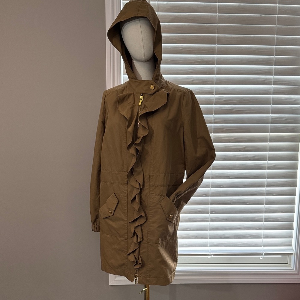 Tory Burch Tan Ruffle Hooded Trench Coat